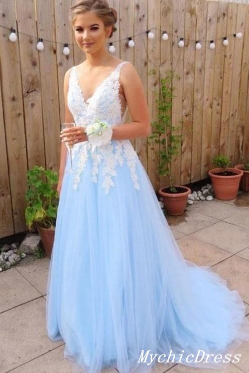 Gorgeous A Line White Lace Light Blue Prom Dress Sleeveless