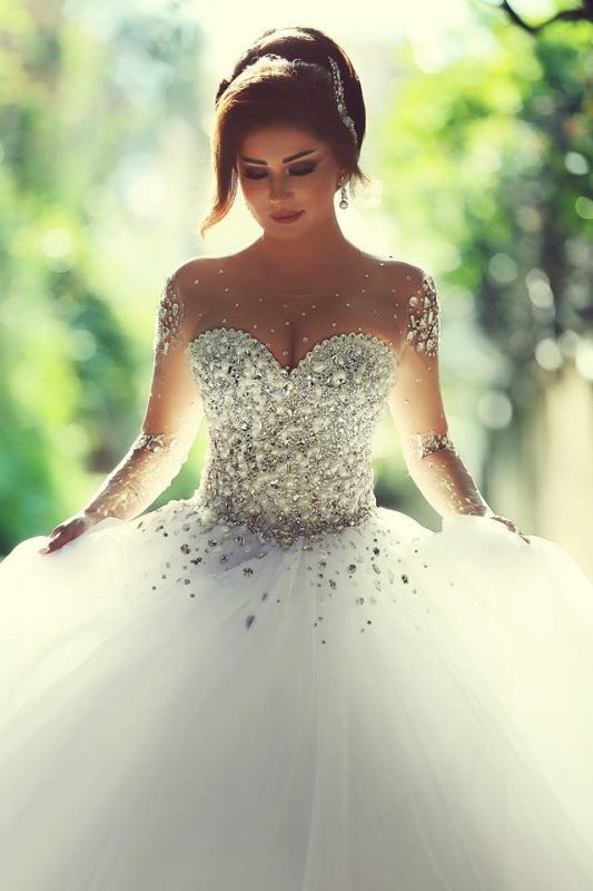 Gorgeous Crystals Tulle Vintage Ball Gown Wedding Dress Long Sleeves US4 / Custom Color Gorgeous Crystals Tulle Vintage Ball Gown Wedding Dress Long Sleeves US4 / Custom Color