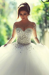 Gorgeous Crystals Tulle Vintage Ball Gown Wedding Dress Long Sleeves MyChicDress