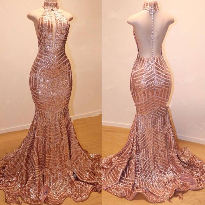 Gorgeous Halter Long Mermaid Champagne Gold Sequin Prom Dresses Gold / Custom Size Gorgeous Halter Long Mermaid Champagne Gold Sequin Prom Dresses Gold / Custom Size