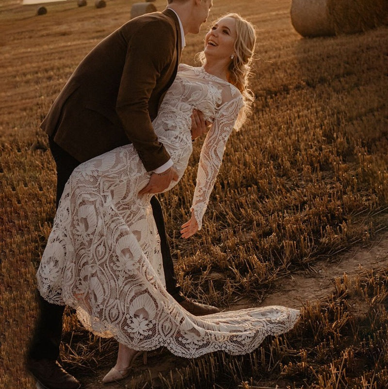romantic bohemian wedding dresses long sleeve Mermaid Long Sleeve Lace Boho Wedding Dress Rustic Bridal Gown WD504 US18 / As Picture