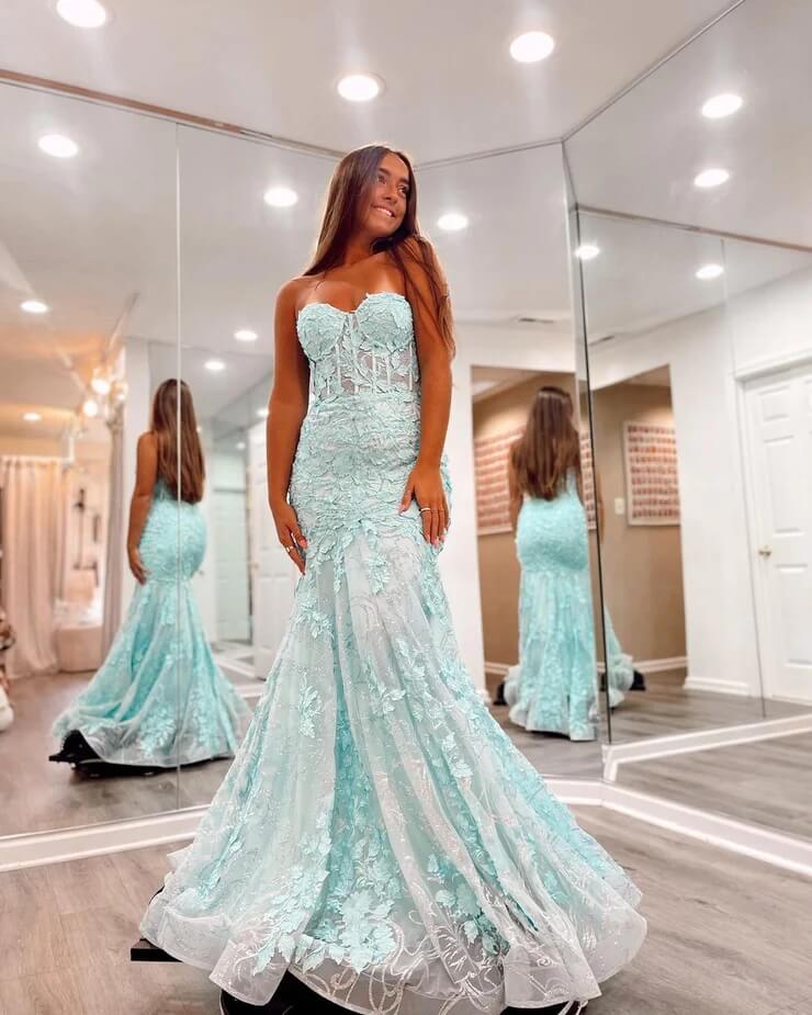 Gorgeous Lace Mermaid Blue 2025 Prom Dresses Sweetheart Long