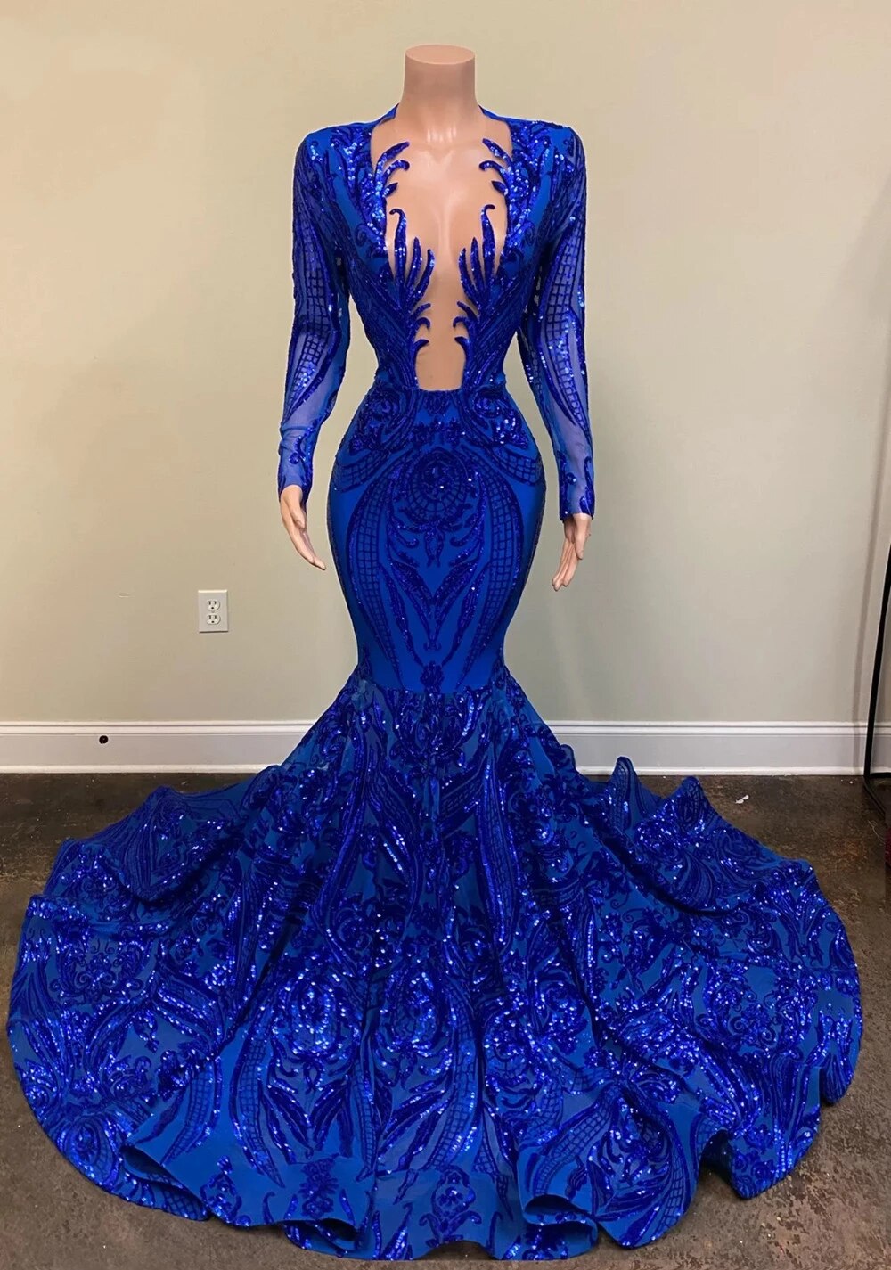long sleeve prom dresses 2024 Off-the-Shoulder Long-Sleeve Shimmer Prom Dress Royal Blue / XSmall