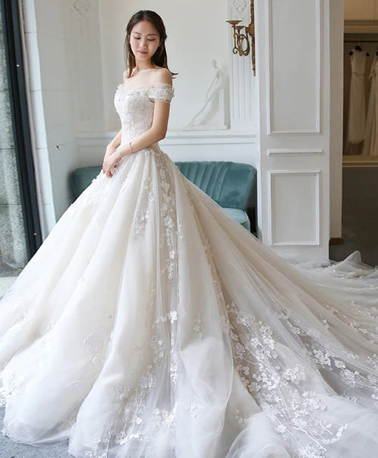 vintage lace wedding dress off the shoulder Vintage Off the Shoulder Wedding Dress with Rosette Trim Satin Lace Wedding Gown with Lace Overlay Plus Size Size 2 / with Veil