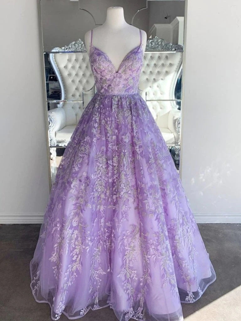 Gorgeous Purple Lace Lilac Prom Dresses V Neck Backless Long Evening Dresses Purple / US8 Gorgeous Purple Lace Lilac Prom Dresses V Neck Backless Long Evening Dresses Purple / US8
