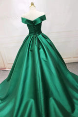 Green Satin Prom Dresses Long Off The Shoulder Ball Gowns Quinceanera Dresses