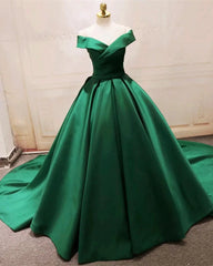 Green Satin Prom Dresses Long Off The Shoulder Ball Gowns Quinceanera Dresses