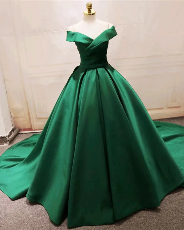 Green Satin Prom Dresses Long Off The Shoulder Ball Gowns Quinceanera Dresses Green / US6 Green Satin Prom Dresses Long Off The Shoulder Ball Gowns Quinceanera Dresses Green / US6