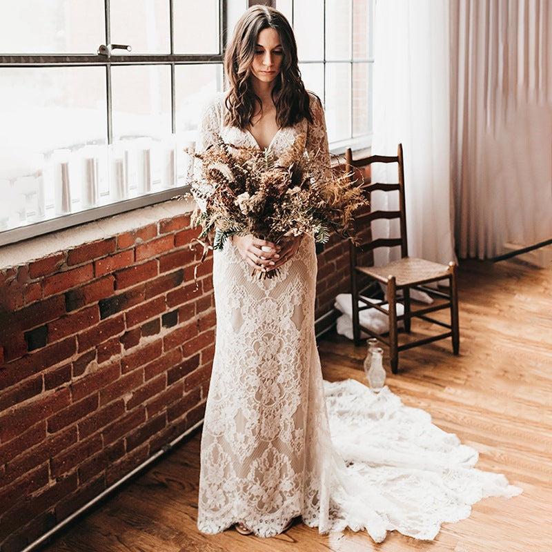 Half Sleeves V Neck Lace Bohemian Wedding Dresses Beach Open Back US16 / White