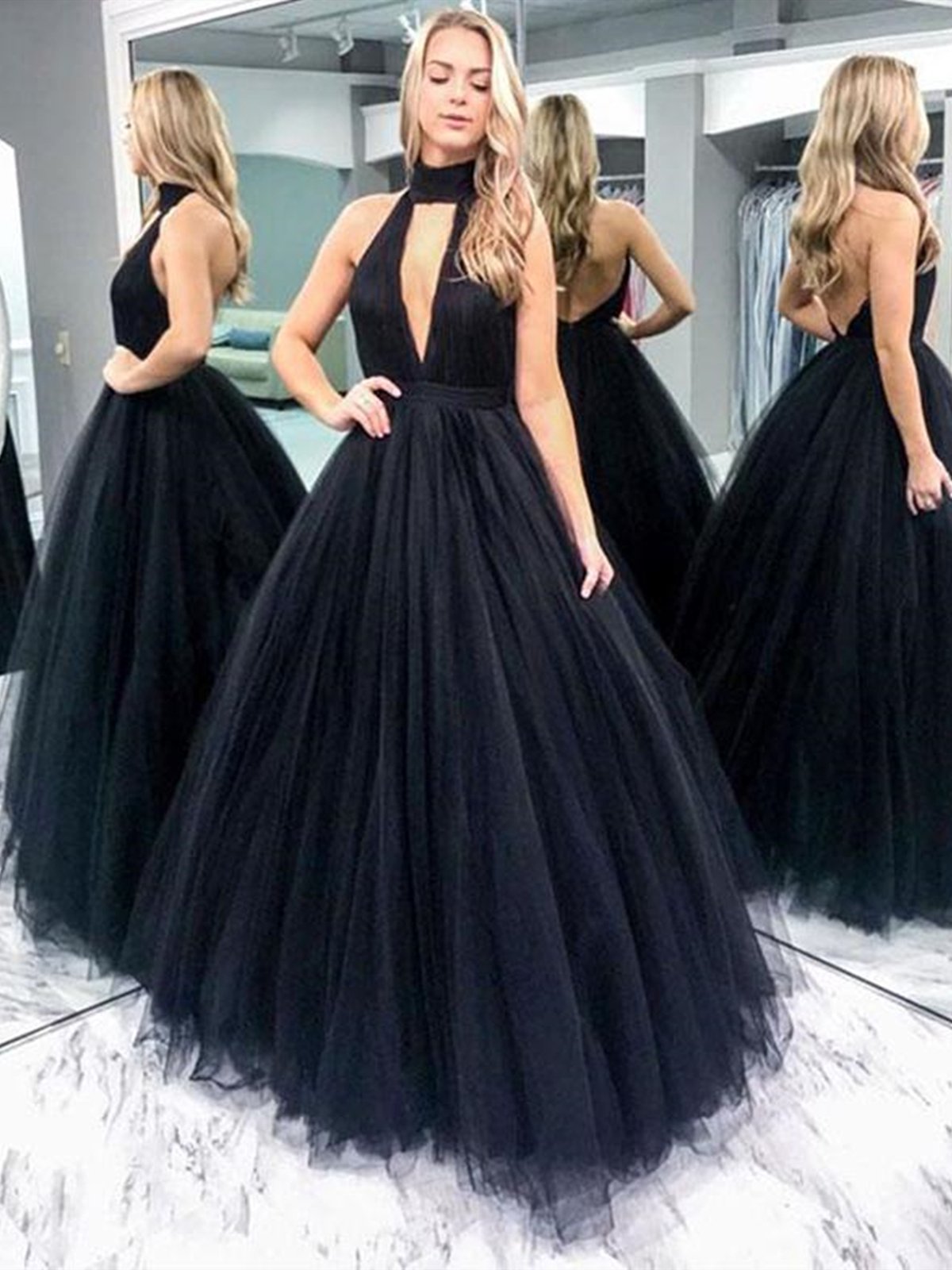 black halter bridesmaid dresses Halter Black Wedding Dresses V Neck Tulle Bridal Gown Custom Color / US16