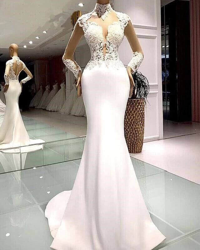 High Neck Mermaid Satin Long Sleeves Lace Wedding Dresses US12 / White High Neck Mermaid Satin Long Sleeves Lace Wedding Dresses US12 / White