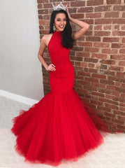 High Neck Long Mermaid 2024 Red Prom Dresses UK Glitter Tulle Formal Dress