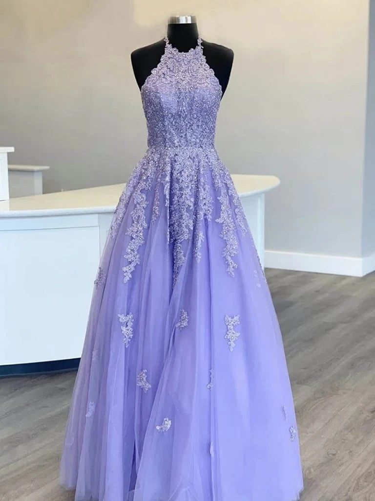 Hot Halter Purple Prom Dresses Lace Long Graduation Evening Dresses Purple / US14W Hot Halter Purple Prom Dresses Lace Long Graduation Evening Dresses Purple / US14W