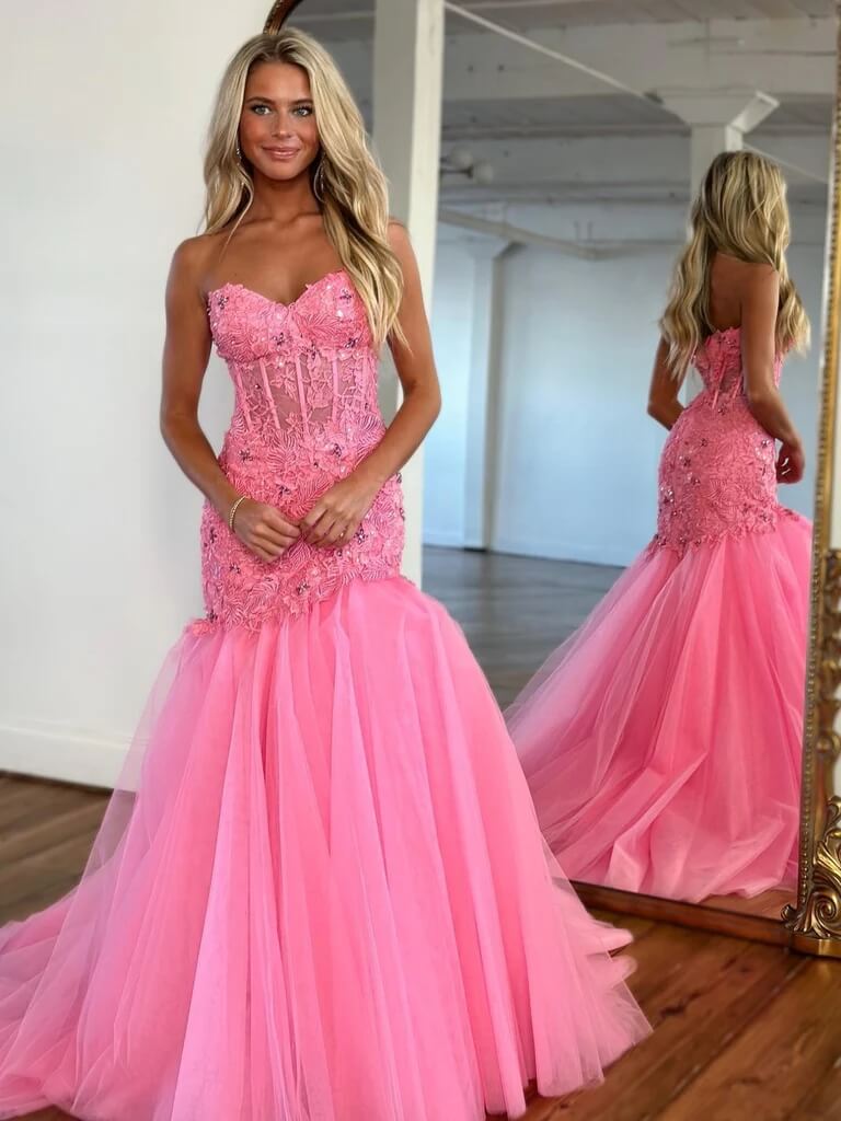 strapless hot pink prom dress Hot Floral Long Corset Prom Dresses Mermaid Pink Lace Formal Dress Strapless Pink / US4