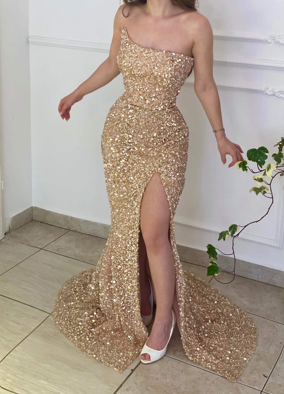 Hot Gold Sequin Prom Dresses Strapless Mermaid Formal Dresses