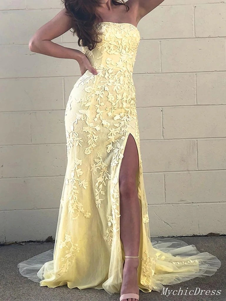 Hot Lace Evening Dresses Pastel Yellow Long Strapless Mermaid Prom Dresses 2025 Custom Color / US16W Hot Lace Evening Dresses Pastel Yellow Long Strapless Mermaid Prom Dresses 2025 Custom Color / US16W