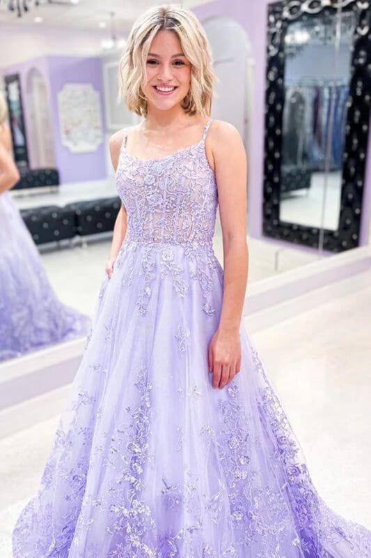 Hot Lace Long Violet Prom Dresses Floral Lavender Formal Dresses 3D Flowers Lavender / US0 Hot Lace Long Violet Prom Dresses Floral Lavender Formal Dresses 3D Flowers Lavender / US0