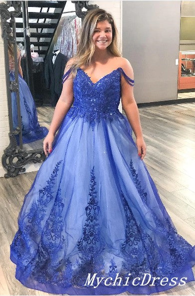 Hot Off The Shoulder Lace Blue Prom Dresses 2025 Plus Size Evening Dress Blue / US0 Hot Off The Shoulder Lace Blue Prom Dresses 2025 Plus Size Evening Dress Blue / US0