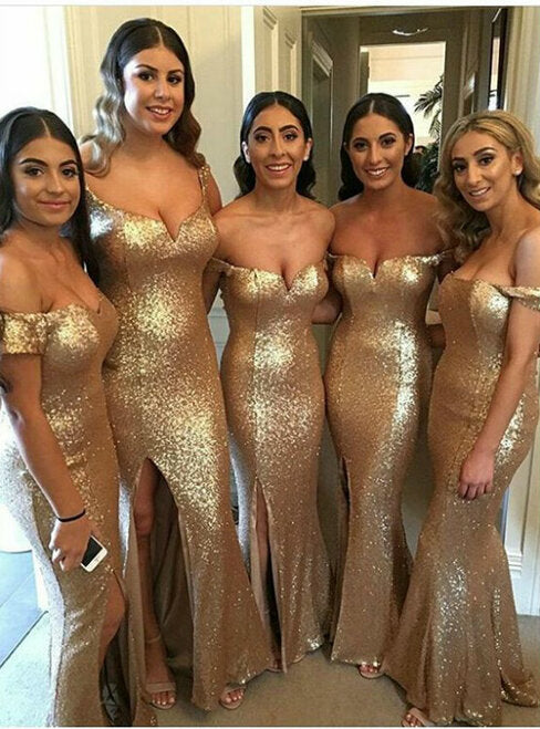 Hot Off the Shoulder Mermaid Gold Sequin Bridesmaid Dresses with Split US6 / Custom Color Hot Off the Shoulder Mermaid Gold Sequin Bridesmaid Dresses with Split US6 / Custom Color