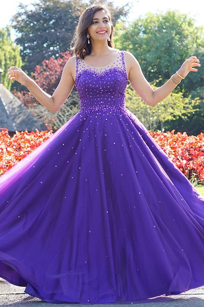 Hot Purple Pearls Tulle Prom Dresses Cheap Long A Line Evening Gowns Hot Purple Pearls Tulle Prom Dresses Cheap Long A Line Evening Gowns