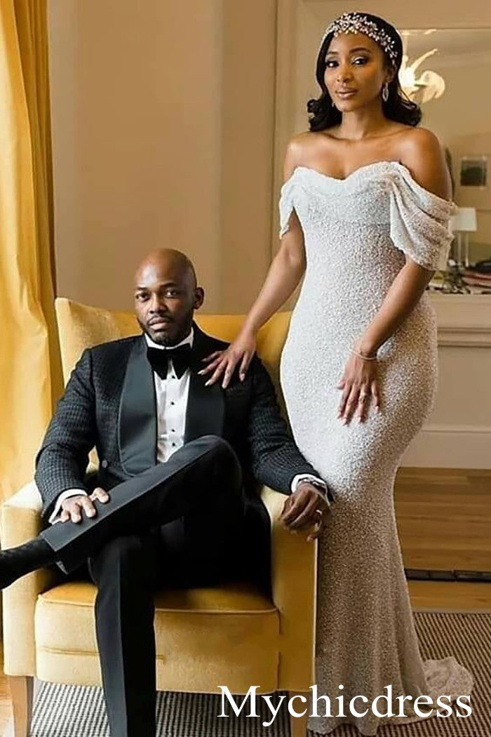 Hot Sexy Glitter Sequin Off the Shoulder Mermaid Bridal Wedding Dresses White / US16 Hot Sexy Glitter Sequin Off the Shoulder Mermaid Bridal Wedding Dresses White / US16
