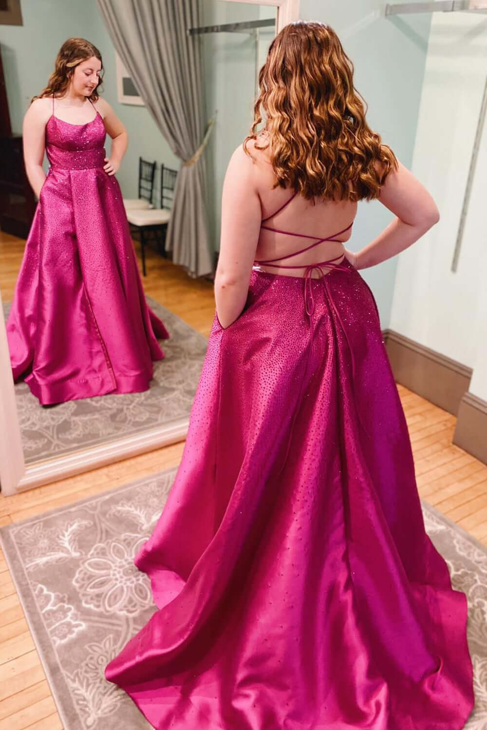 Hot Pink Plus Size 2024 Prom Dresses Satin Long Halter Evening Gown wi