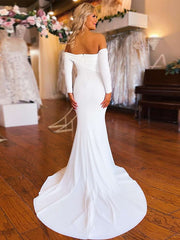 2024 White Satin Prom Dresses Long Sleeves Mermaid Wedding Dress Ruched