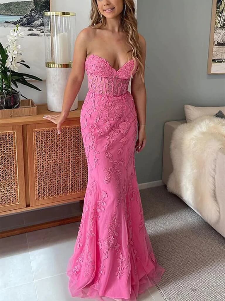 Lace Mermaid Pink Prom Dresses Long Sweetheart Formal Dresses Open Bac