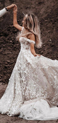 A Line Floral Lace Beach Country Wedding Dresses  Off the Shoulder Bridal Gown