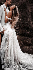 A Line Floral Lace Beach Country Wedding Dresses  Off the Shoulder Bridal Gown