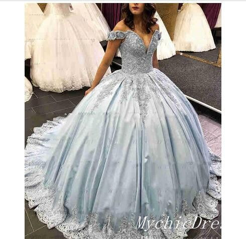 Light Blue Sweet 15 Dresses Ball Gown Lace Appliques off Shoulder Quinceanera Dress Custom Color / US16W Light Blue Sweet 15 Dresses Ball Gown Lace Appliques off Shoulder Quinceanera Dress Custom Color / US16W