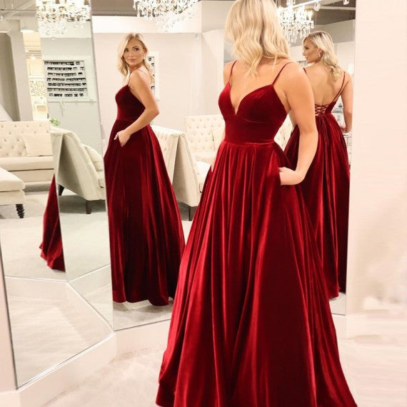 Long Deep V Neck Burgundy Velvet Prom Dresses with Pockets Custom Color / US6 Long Deep V Neck Burgundy Velvet Prom Dresses with Pockets Custom Color / US6