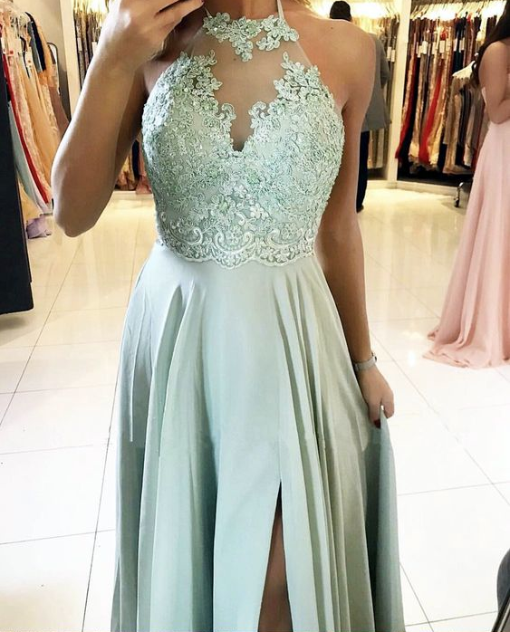 Long Halter Sage Green Prom Dresses Lace Chiffon Formal Dresses Custom Color / US4 Long Halter Sage Green Prom Dresses Lace Chiffon Formal Dresses Custom Color / US4