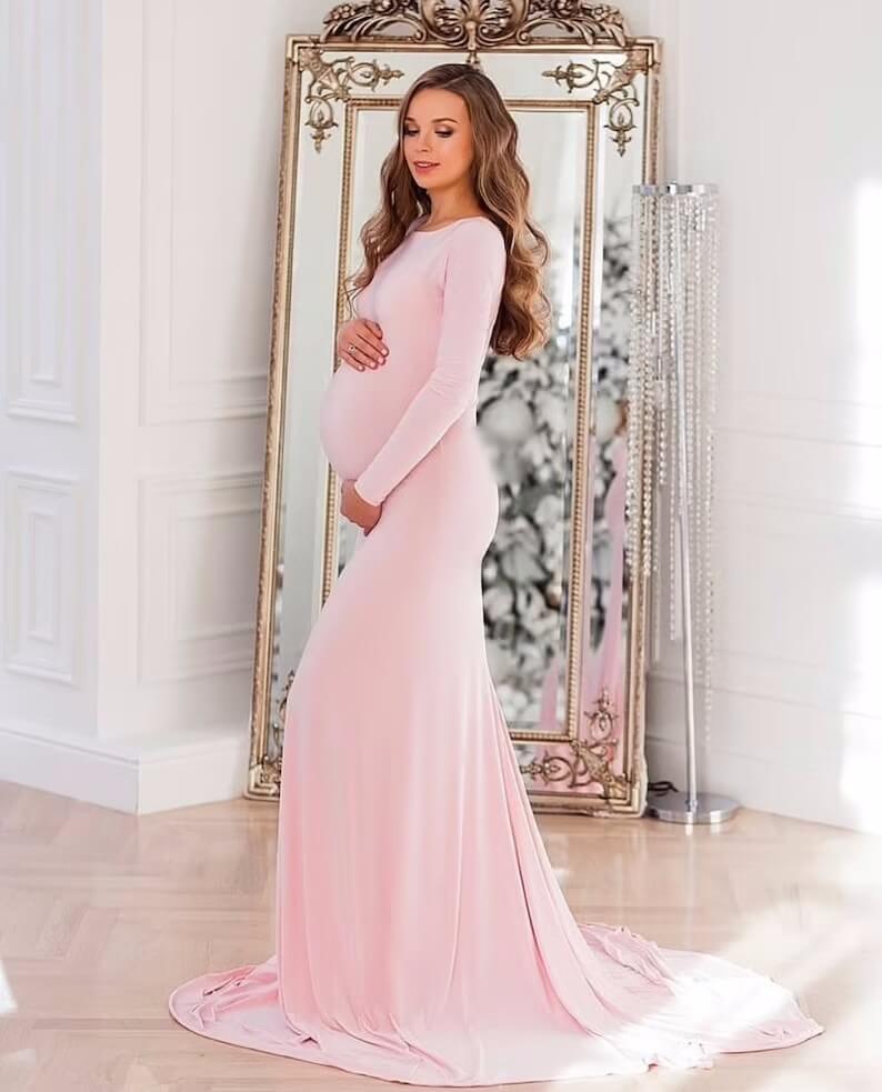 Long Maternity Dresses Stretch Satin Mermaid Baby Shower Dress