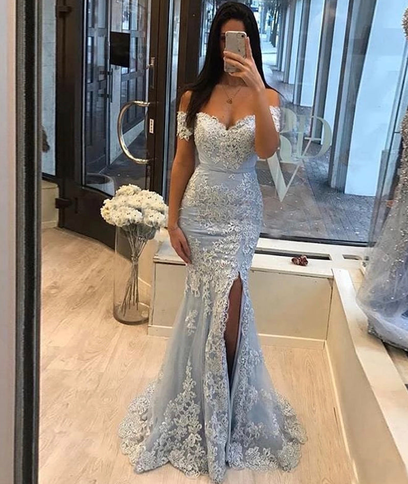 Long Mermaid Lace Prom Dresses Off Shoulder Evening Gown Blue / US16 Long Mermaid Lace Prom Dresses Off Shoulder Evening Gown Blue / US16