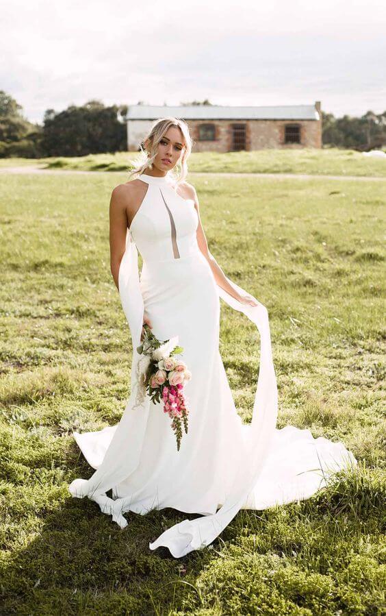 Long Mermaid Satin Minimalist High Neck Beach Wedding Dress US14 / Ivory Long Mermaid Satin Minimalist High Neck Beach Wedding Dress US14 / Ivory