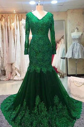 Long Mermaid Sequin Beaded Green Prom Dresses with Sleeves Lace Evening Dress MyChicDress