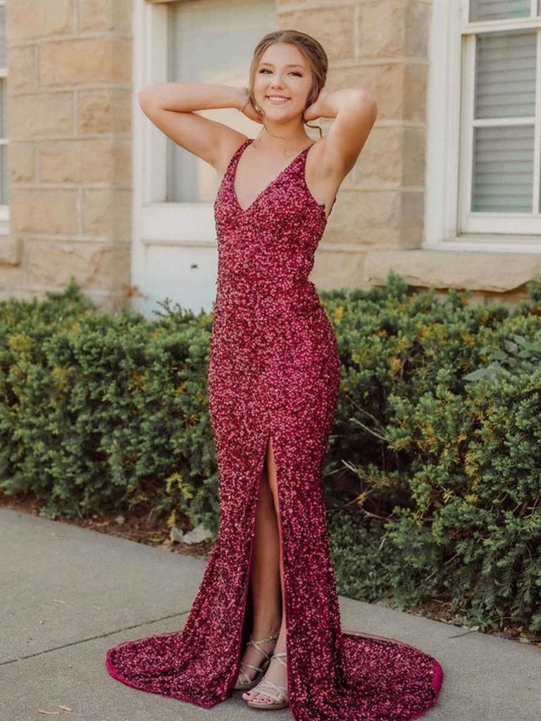 Long Mermaid V Neck Burgundy Sequin Prom Dresses Sleeveless Burgundy / US10 Long Mermaid V Neck Burgundy Sequin Prom Dresses Sleeveless Burgundy / US10