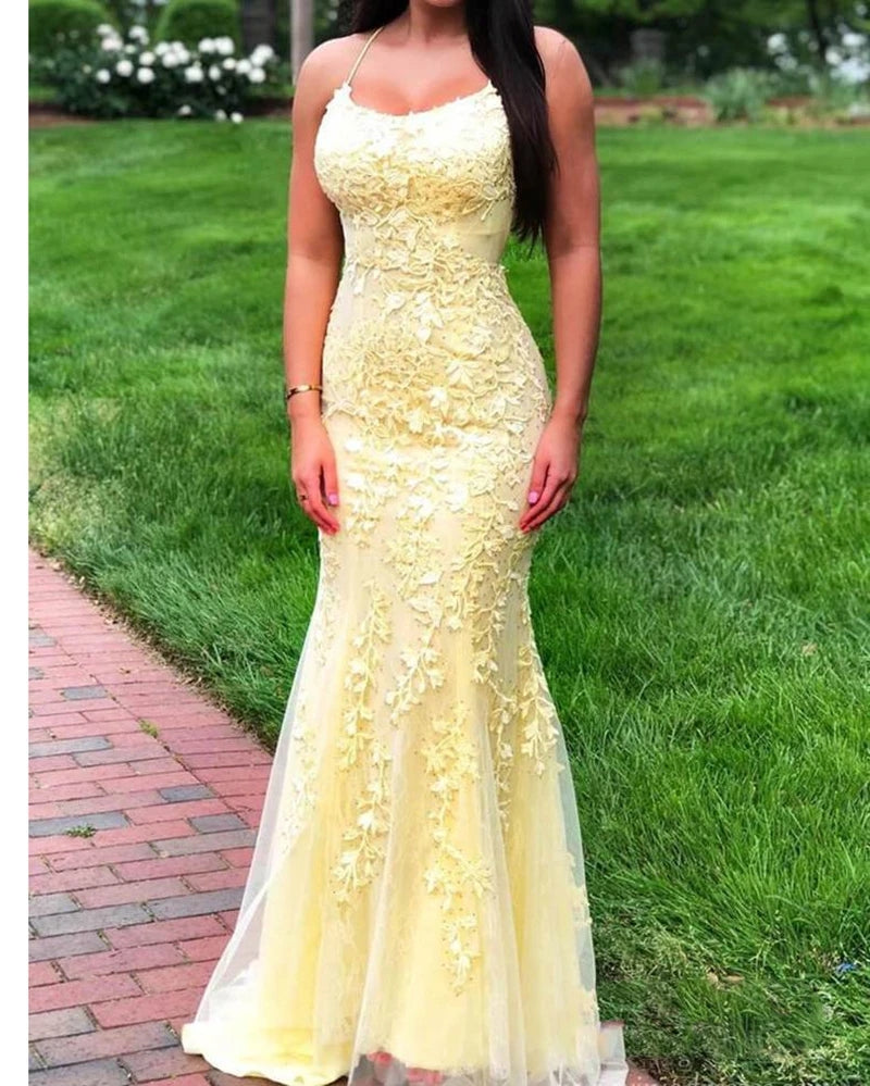 Long Mermaid Yellow Prom Dresses Lace Evening Dress Spaghetti Straps Custom Color / US16W Long Mermaid Yellow Prom Dresses Lace Evening Dress Spaghetti Straps Custom Color / US16W