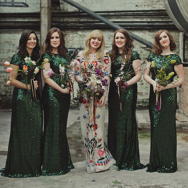 sequin maid of honor dress Long Sequins Dark Green Bridesmaid Dresses for Wedding Party US4 / Custom Color