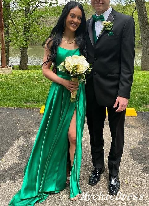 Long Simple Satin Silk Prom Dresses Green Evening Dress with Split Custom Color / US12 Long Simple Satin Silk Prom Dresses Green Evening Dress with Split Custom Color / US12