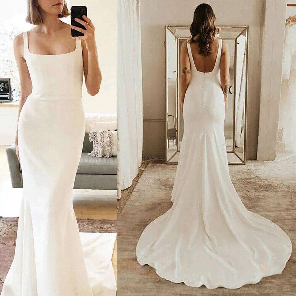 Long Simple Square Satin Ivory Wedding Dresses UK Mermaid US14 / White Long Simple Square Satin Ivory Wedding Dresses UK Mermaid US14 / White