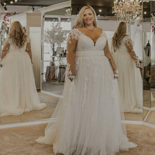 Long Sleeve Lace Plus Size Wedding Dresses UK A Line V Neck Bridal Gown Ivory / US14W Long Sleeve Lace Plus Size Wedding Dresses UK A Line V Neck Bridal Gown Ivory / US14W