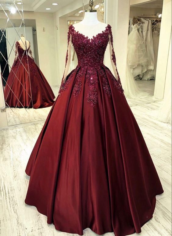 Sequin Burgundy Formal Dress With Sleeves Long Sleeves Ball Gown