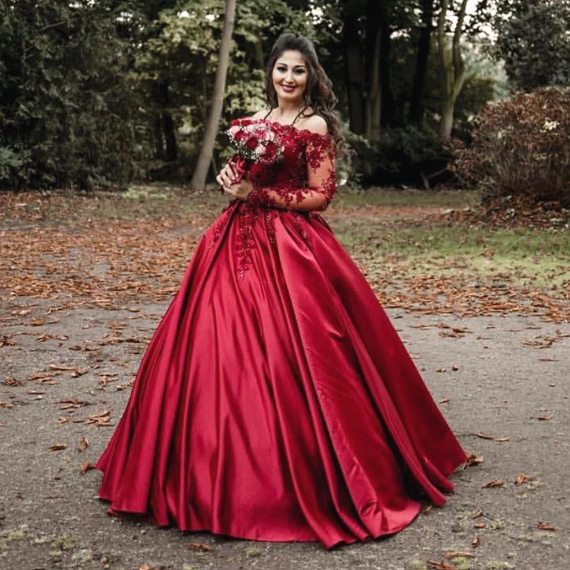 Long Sleeves Ball Gowns Burgundy Wedding Dresses Lace Quinceanera