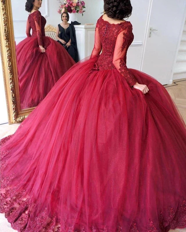 Long Sleeves Ball Gowns Wedding Dresses Lace Maroon Quinceanera