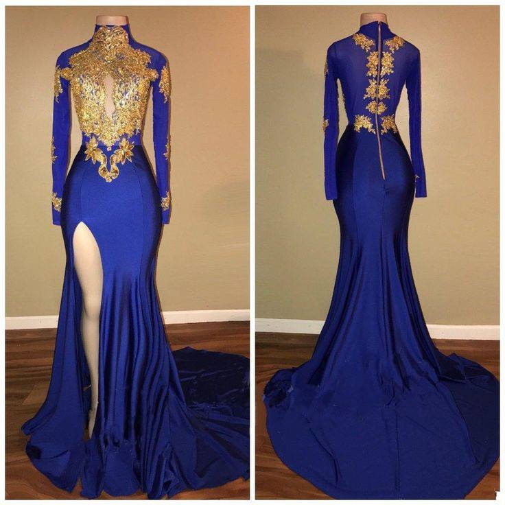Long Sleeves Blue Gold Prom Dresses Side Slit Evening Gowns Blue Gold / US10 Long Sleeves Blue Gold Prom Dresses Side Slit Evening Gowns Blue Gold / US10