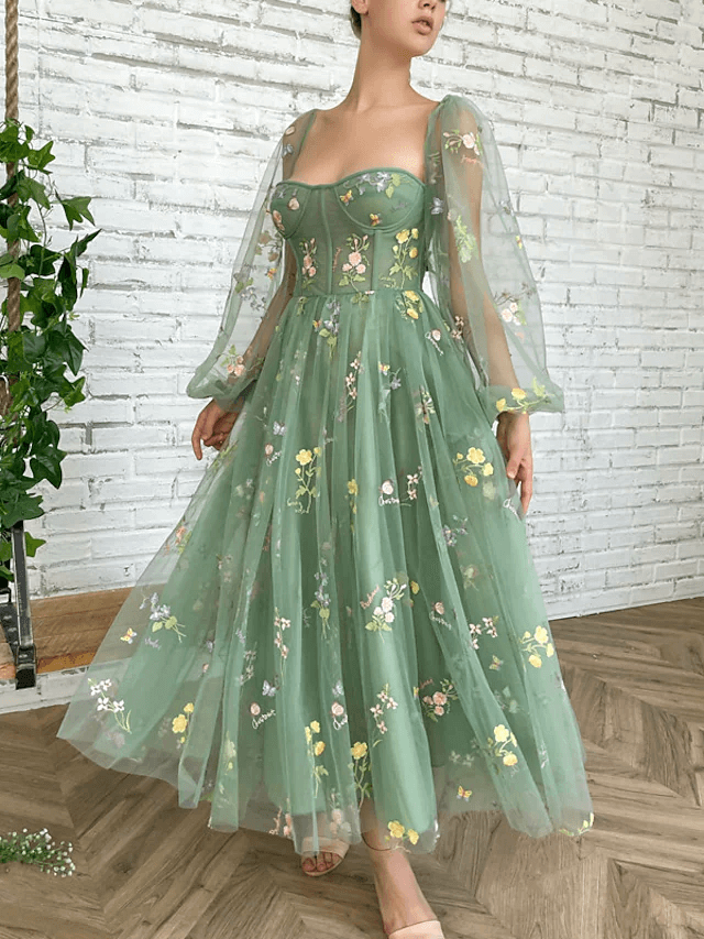 Long Sleeves Light Green Embroidered Tulle Prom Dress Corset Light Green / Custom Size Long Sleeves Light Green Embroidered Tulle Prom Dress Corset Light Green / Custom Size