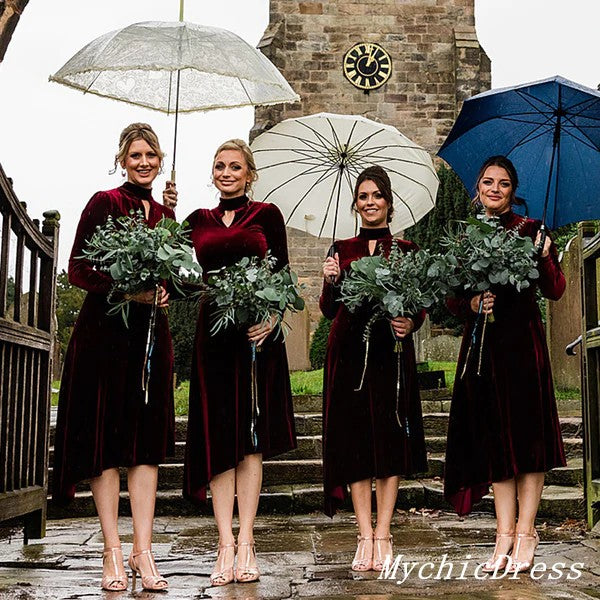 Long Sleeves Wine Burgundy Velvet Bridesmaid Dresses Short High Neck MyChicDress Long Sleeves Wine Burgundy Velvet Bridesmaid Dresses Short High Neck MyChicDress