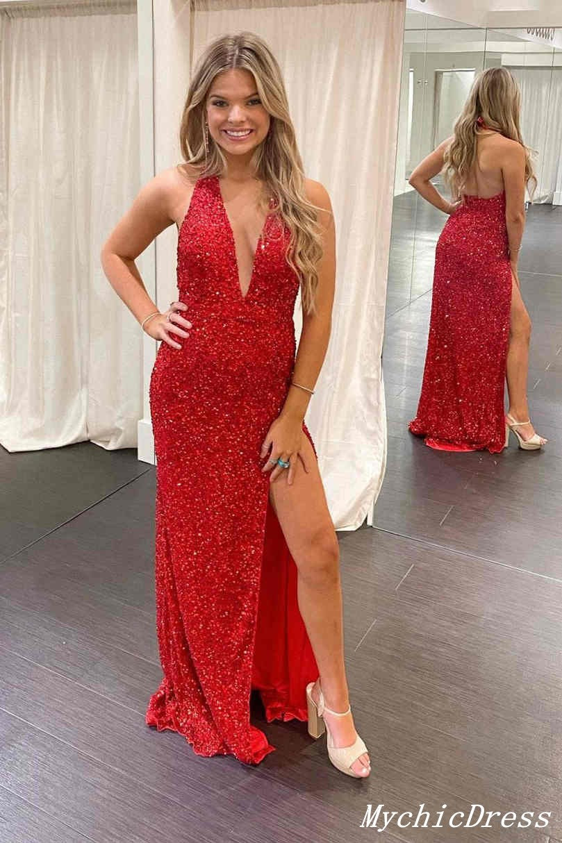 Long V Neck Halter Sequin Prom Dresses 2025 Red Evening Gown with Split Red / US16 Long V Neck Halter Sequin Prom Dresses 2025 Red Evening Gown with Split Red / US16